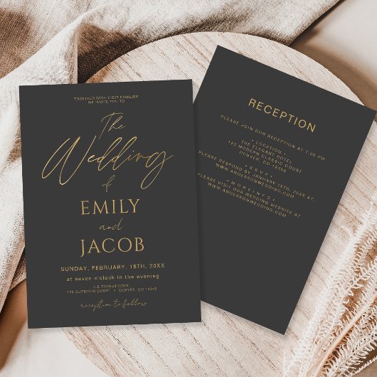 Invitation Tout en un Mariage de charbon gris or Script