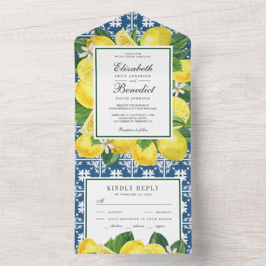 Invitation Tout En Un Mariage de citron verger rustique carrelage médite (À l'intérieur)