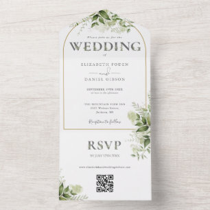 Invitation Tout En Un Mariage de code QR Arch Gold de Rustic Greenery