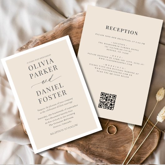 Invitation Tout en un Mariage de code QR beige neutre