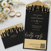Invitation Tout En Un Mariage de code QR Black & Gold Parties scintillan