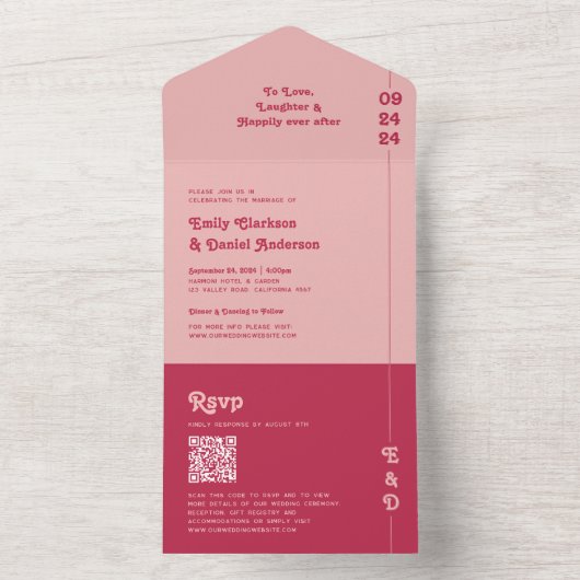 Invitation Tout En Un Mariage de code QR Chic Retro Rose & Blush (À l'intérieur)