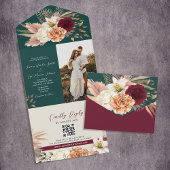 Invitation Tout En Un Mariage de code QR de Boho Emerald