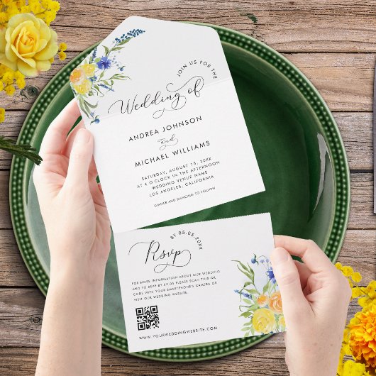Invitation Tout En Un Mariage de code QR de Fleur sauvage de printemps b