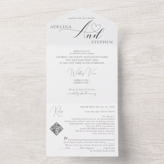 Invitation Tout En Un Mariage de code QR de script élégant de l'impriman (À l'intérieur)