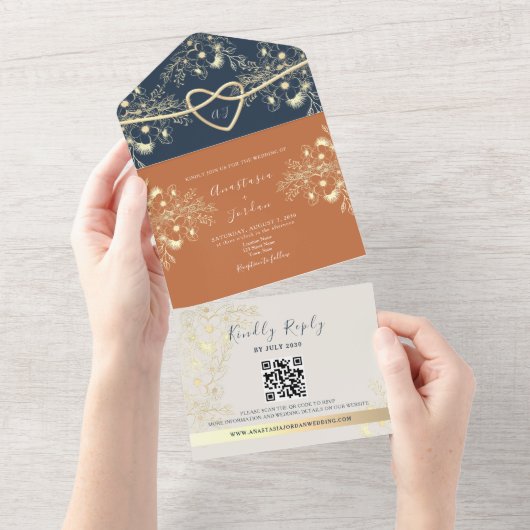 Invitation Tout En Un Mariage de code QR de Terracotta (Déchirure)