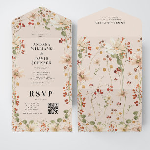Invitation Tout En Un Mariage de code QR du Fleur sauvage d'aquarelle Be