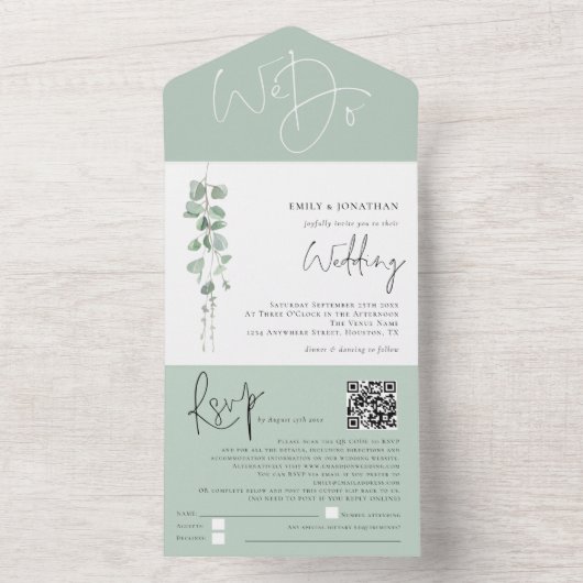Invitation Tout En Un Mariage de code QR du script Eucalyptus moderne (À l'intérieur)