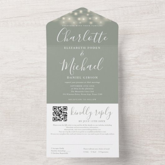 Invitation Tout En Un Mariage de code QR du script vert Sage (À l'intérieur)