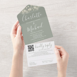 Invitation Tout En Un Mariage de code QR du script vert Sage