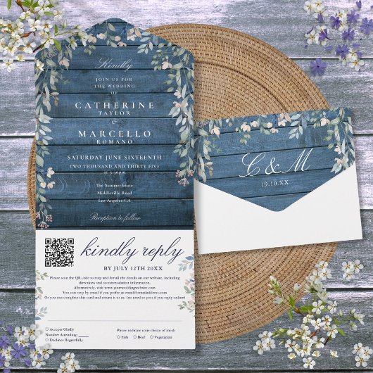 Invitation Tout En Un Mariage de code QR en bois bleu rustique