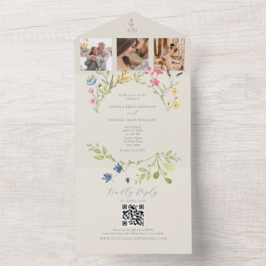 Invitation Tout En Un Mariage de code QR fleur sauvage (À l'intérieur)