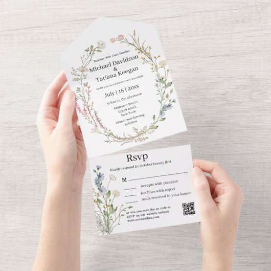 Invitation Tout En Un mariage de code qr fleur sauvage élégant (Déchirure)