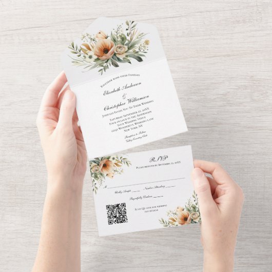 Invitation Tout En Un Mariage de code QR floral beige Peach Neutre (Déchirure)