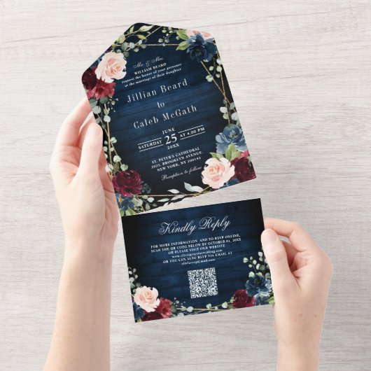 Invitation Tout En Un Mariage de code QR géométrique Blush de la marine (Déchirure)