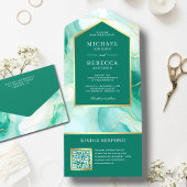 Invitation Tout En Un Mariage de code QR Mint Green Gold Abstrait