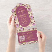 Invitation Tout En Un Mariage de code QR Motif Retro Pink Gold Art Deco (Déchirure)