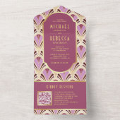 Invitation Tout En Un Mariage de code QR Motif Retro Pink Gold Art Deco (À l'intérieur)