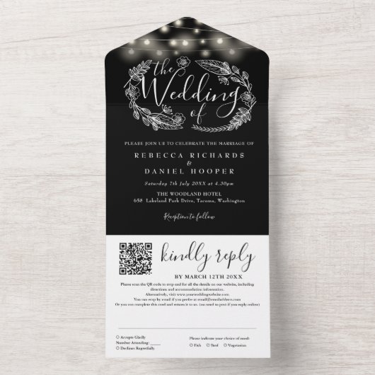 Invitation Tout En Un Mariage de code QR noir et blanc (À l'intérieur)