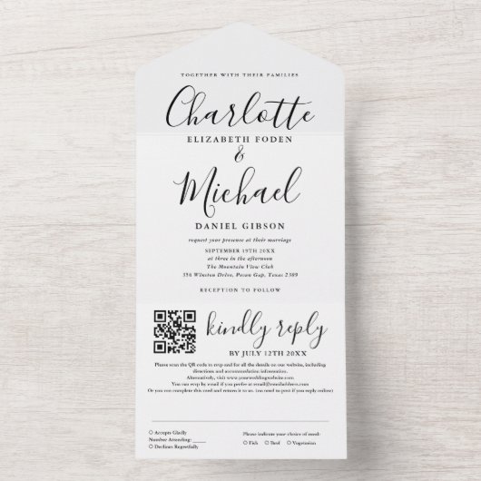 Invitation Tout En Un Mariage de code QR noir et blanc élégant (À l'intérieur)