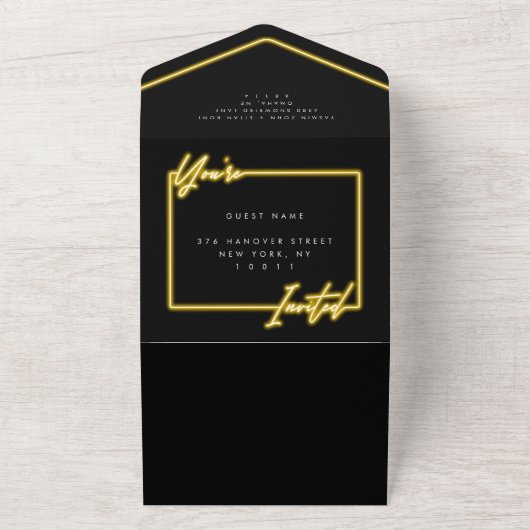 Invitation Tout En Un Mariage de code QR noir jaune néon (Dehors)
