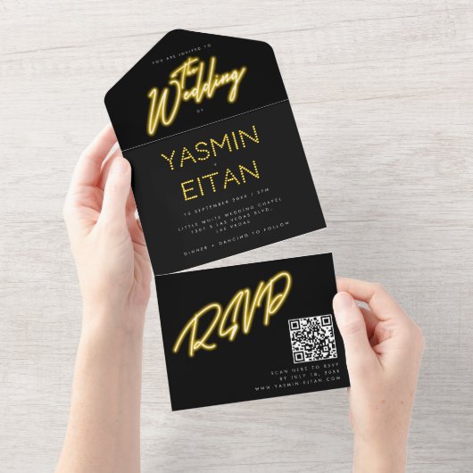 Invitation Tout En Un Mariage de code QR noir jaune néon (Déchirure)