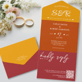 Invitation Tout En Un Mariage de code QR rétro Orange Bourgogne