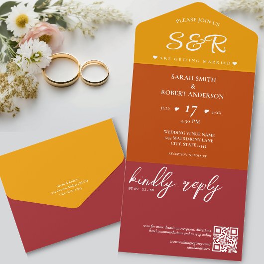 Invitation Tout En Un Mariage de code QR rétro Orange Bourgogne