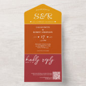 Invitation Tout En Un Mariage de code QR rétro Orange Bourgogne (À l'intérieur)