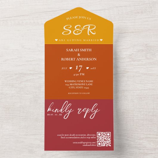 Invitation Tout En Un Mariage de code QR rétro Orange Bourgogne (À l'intérieur)