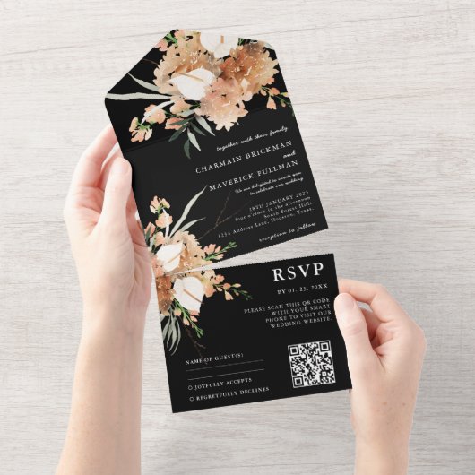 Invitation Tout En Un Mariage de code QR romantique noir et blanc (Déchirure)