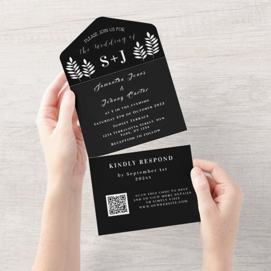 Invitation Tout En Un Mariage de code QR simple noir blanc (Déchirure)