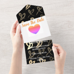 Invitation Tout En Un Mariage de coeur de tons or All in One Wedding Inv