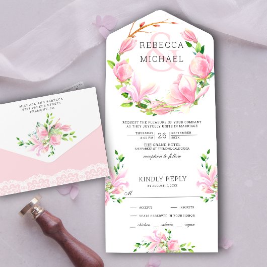 Invitation Tout En Un Mariage de couronne de fleurs de Magnolia rose