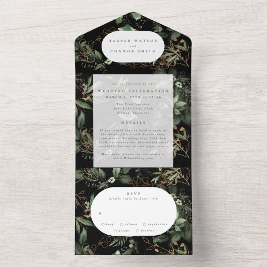 Invitation Tout En Un Mariage de couronne de fleurs de mousse noire (À l'intérieur)