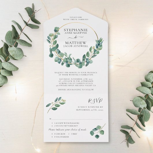Invitation Tout En Un Mariage de couronne d'or Eucalyptus Foliage Feuill