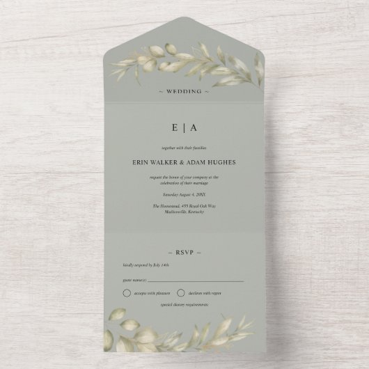 Invitation Tout En Un Mariage de couronnes d'eucalyptus vert Sage (À l'intérieur)
