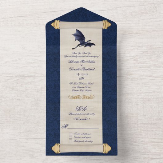 Invitation Tout En Un Mariage de défilement Fairytale Blue Dragon (À l'intérieur)