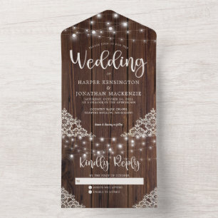 Invitation Tout En Un Mariage de dentelle en bois rustique