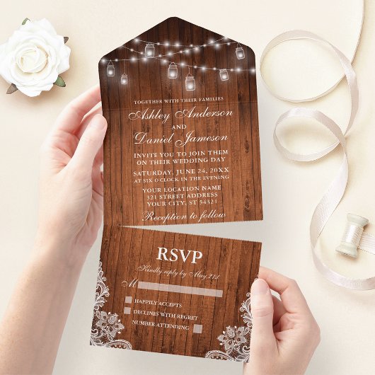 Invitation Tout En Un Mariage de dentelle en bois rustique