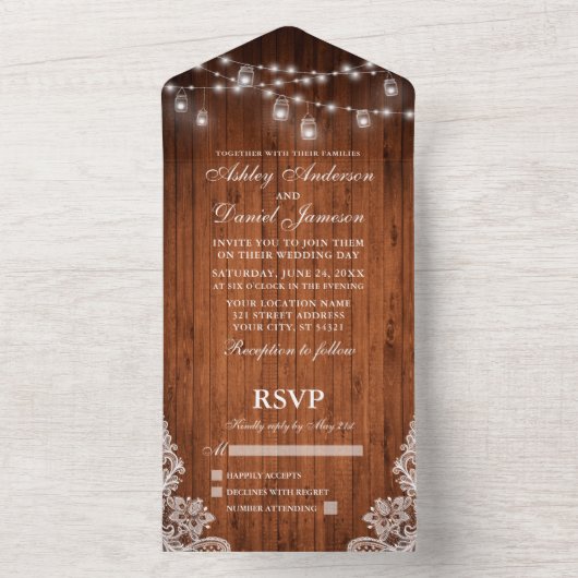 Invitation Tout En Un Mariage de dentelle en bois rustique (À l'intérieur)
