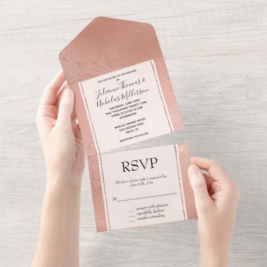 Invitation Tout En Un Mariage de dentelle rose Glam (Déchirure)
