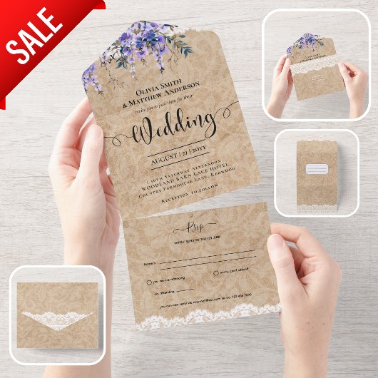 Invitation Tout En Un Mariage de dentelle tout compris Rustic Purple Wis