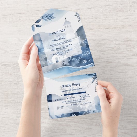 Invitation Tout En Un Mariage de destination à Santorin à l'aquarelle (Déchirure)