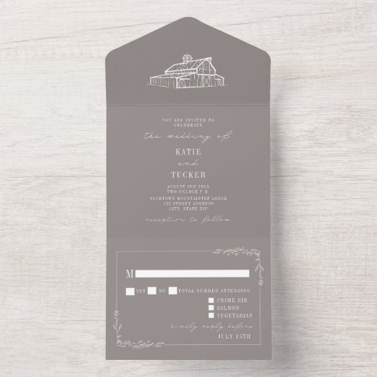 Invitation Tout En Un Mariage de ferme Rustique Grise Améthyste RSVP (À l'intérieur)