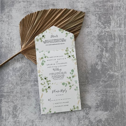 Invitation Tout En Un Mariage de feuillage Gold Confetti Eucalyptus
