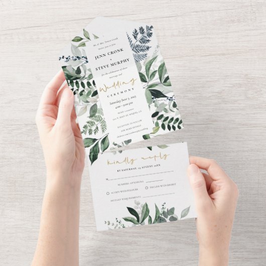 Invitation Tout En Un Mariage de feuillage tropical moderne Kraft Green (Déchirure)