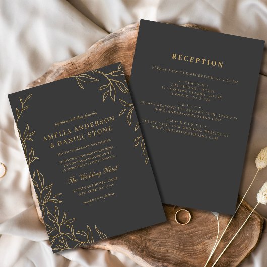 Invitation Tout en un Mariage de feuille d'or gris charbon