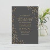 Invitation Tout en un Mariage de feuille d'or gris charbon (Debout devant)