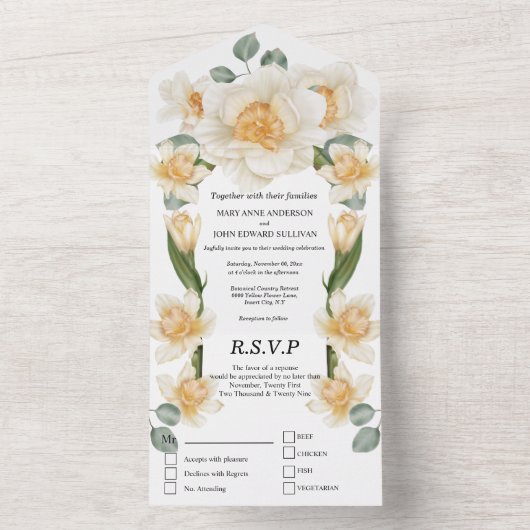 Invitation Tout En Un Mariage de fleur de printemps de la jonquille vert (À l'intérieur)